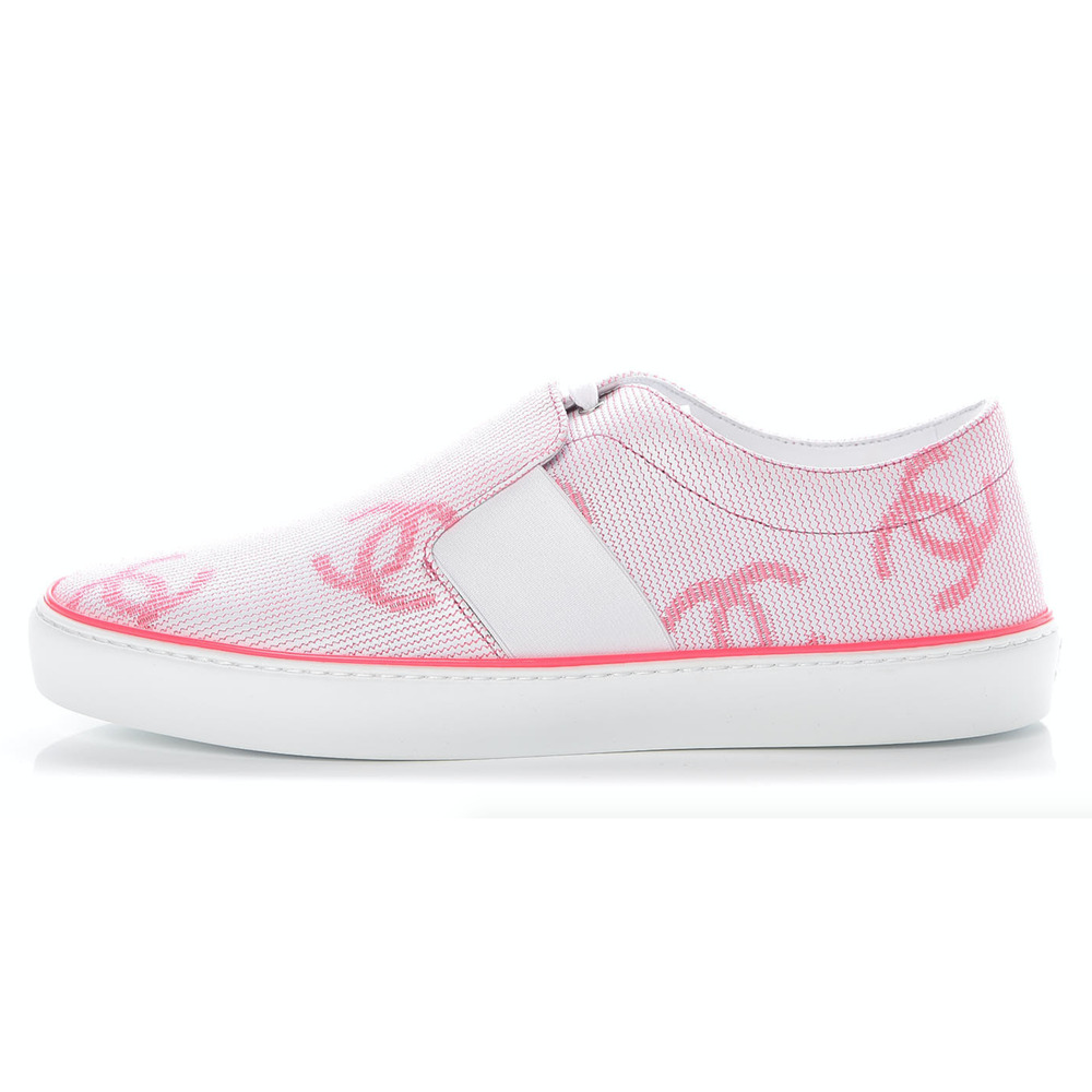 Chanel 18P Neon Pink White CC Slip On Lace Up Flat Runner Trainer Sneaker 39.5 - Picture 3 of 12